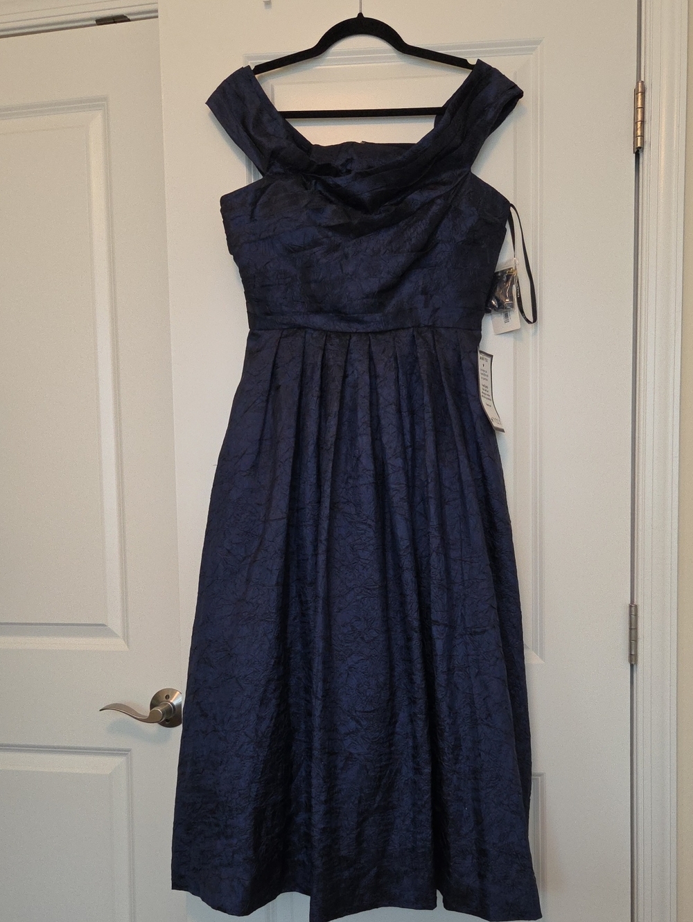 Tahari ASL Dark Navy Off-the-Shoulder Pleated A-Line Dress